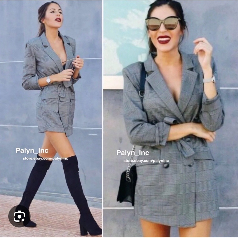NWT Zara Grey Checked Blazer Style Jumpsuit with Belt  Size Small